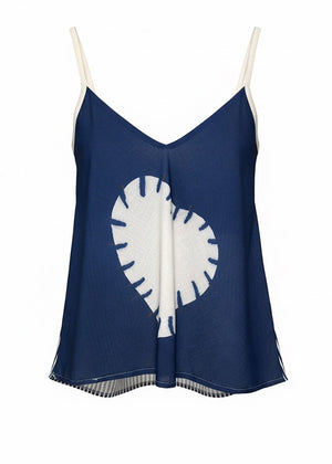 Midnight blue tank top with a white heart in middle on a white background 
