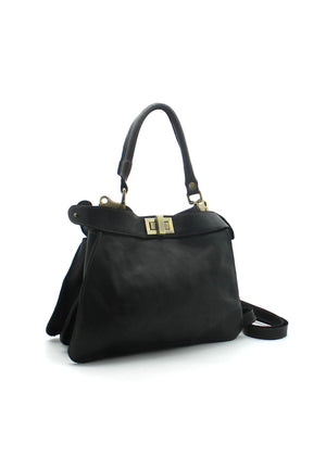 A black leather handbag with a structured shape, featuring a top handle, a detachable shoulder strap, and a gilded closure.