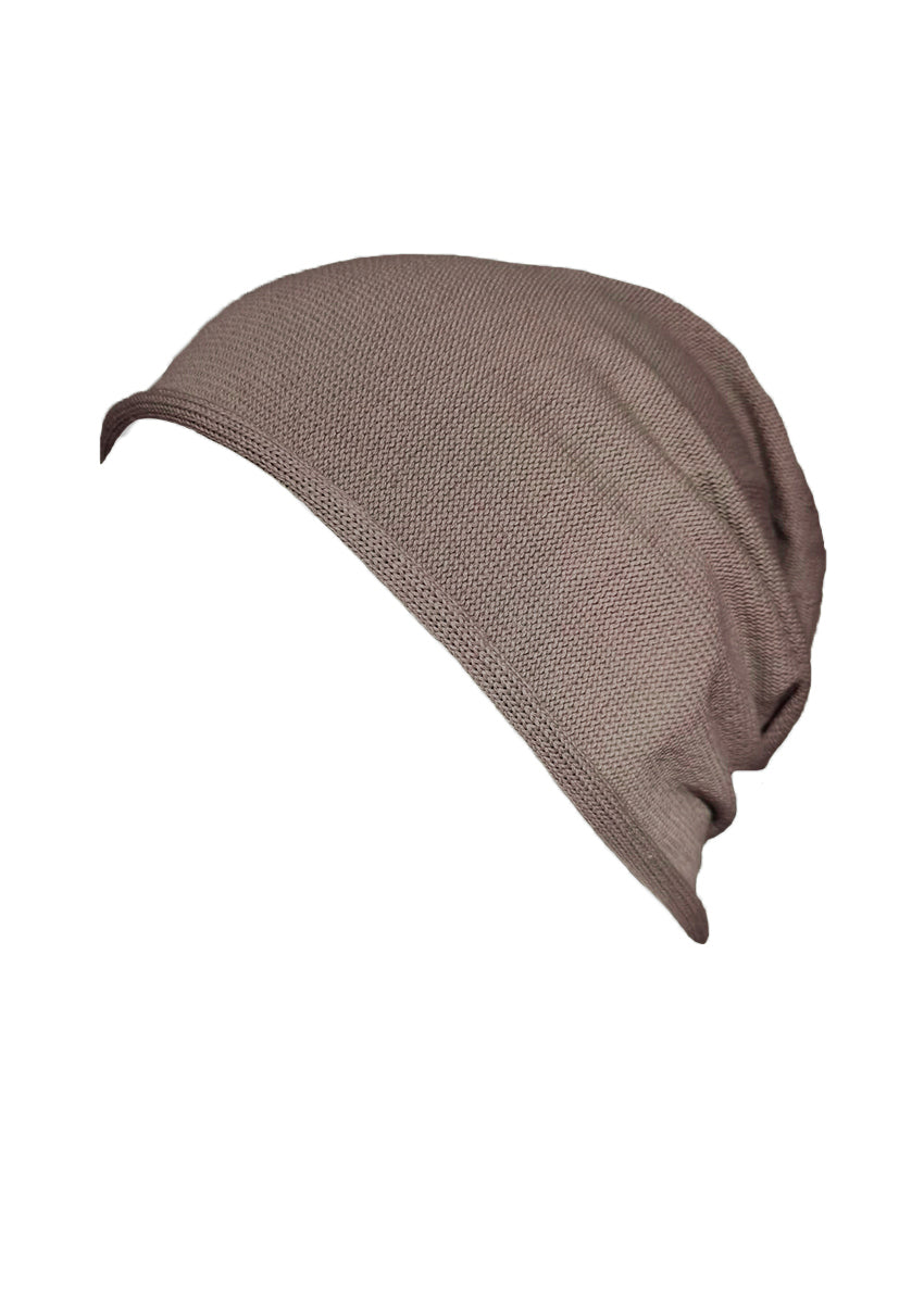 Cotton cute brown grey beanie. The fine cotton is exceptionally suited to those with sensitive skin