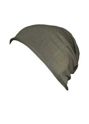 Cotton cute green kaki beanie. The fine cotton is exceptionally suited to those with sensitive skin