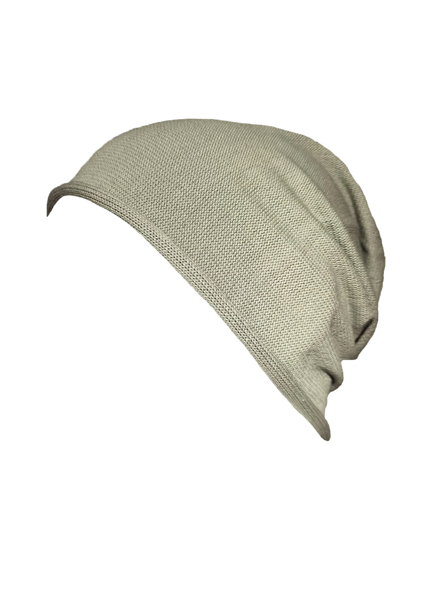 Cotton cute light green kaki beanie. The fine cotton is exceptionally suited to those with sensitive skin
