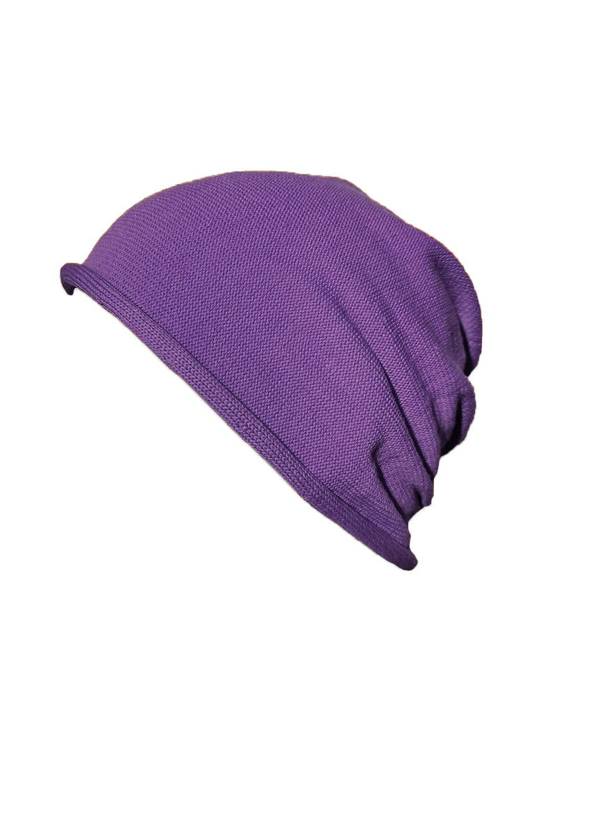 Cotton cute purple beanie. The fine cotton is exceptionally suited to those with sensitive skin