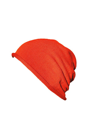 Cotton cute red orange beanie. The fine cotton is exceptionally suited to those with sensitive skin