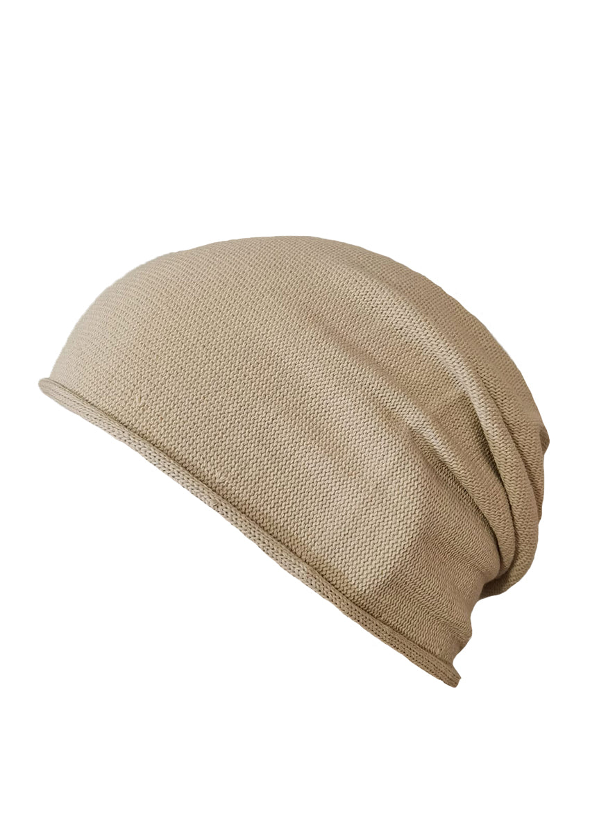 Cotton cute tan beanie. The fine cotton is exceptionally suited to those with sensitive skin