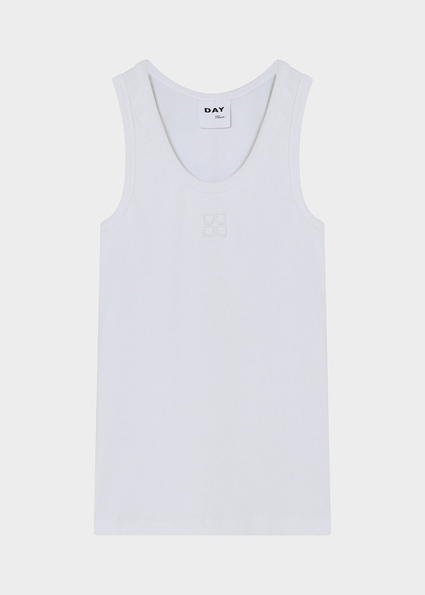 White tank top with 'DAY' branding on a light gray background