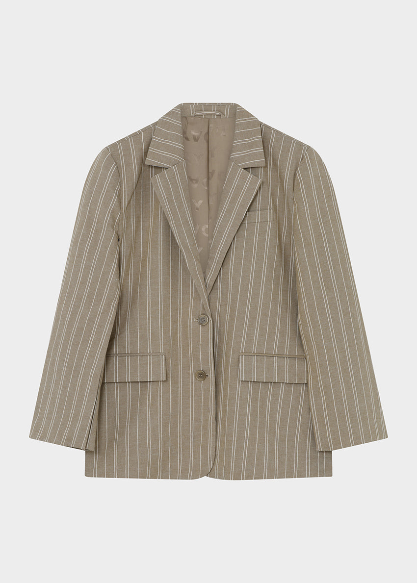 Beige pinstripe blazer on a white background