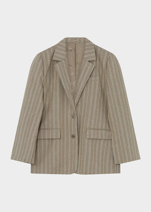 Beige pinstripe blazer on a white background