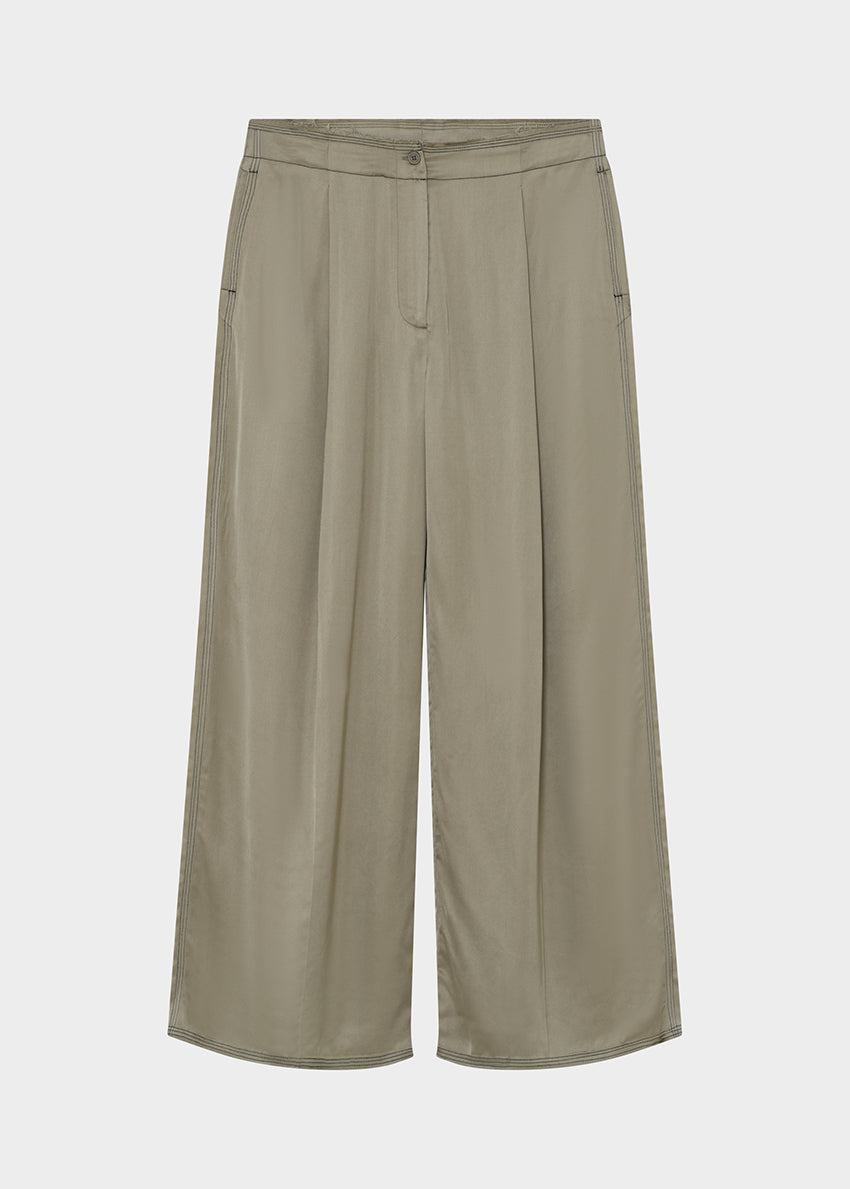 Khaki wide-leg pants on a light gray background