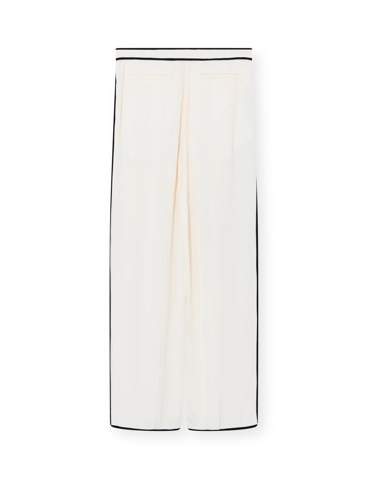 White pants with black trim on a white background