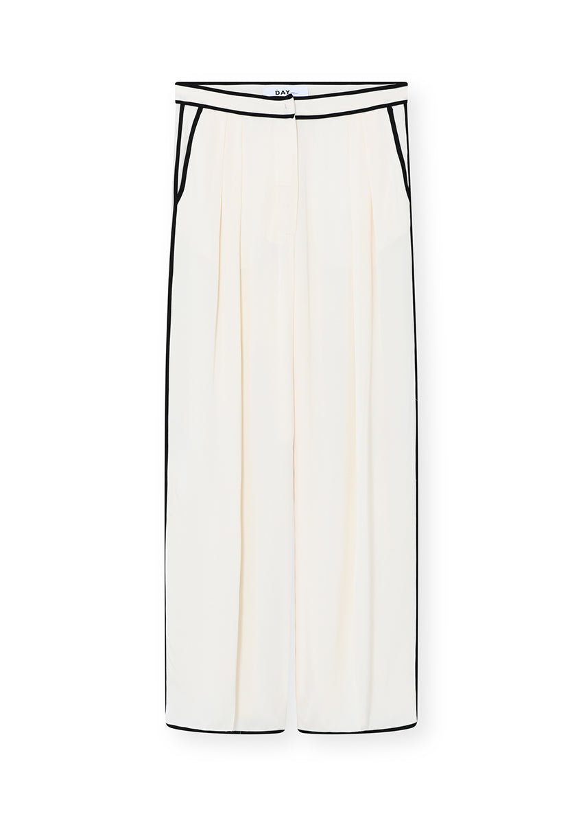 White pants with black trim on a white background