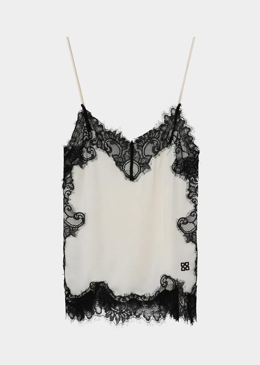 Black lace trim camisole on a white background