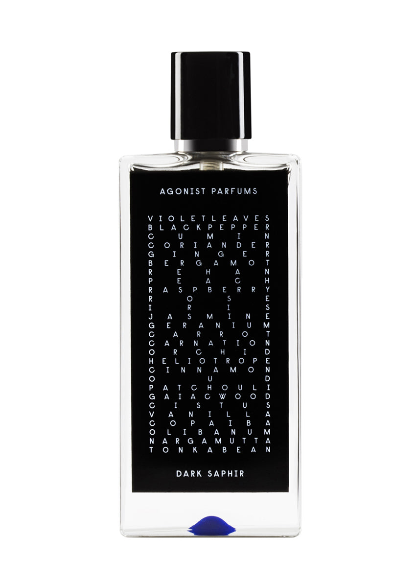 Perfume bottle labeled 'Dark Saphir' by Agonist Parfums on a white background