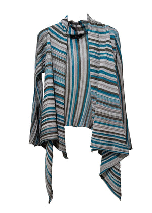 Striped cardigan with blue and gray pattern on a white background