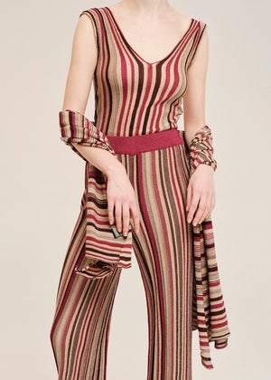 Knit red top crafted from shimmering lurex viscose yarn. Featuring a deep V-neckline, it’s designed with a signature tricolor stripe pattern.