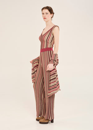 Knit red top crafted from shimmering lurex viscose yarn. Featuring a deep V-neckline, it’s designed with a signature tricolor stripe pattern. Matching pants and cardigan