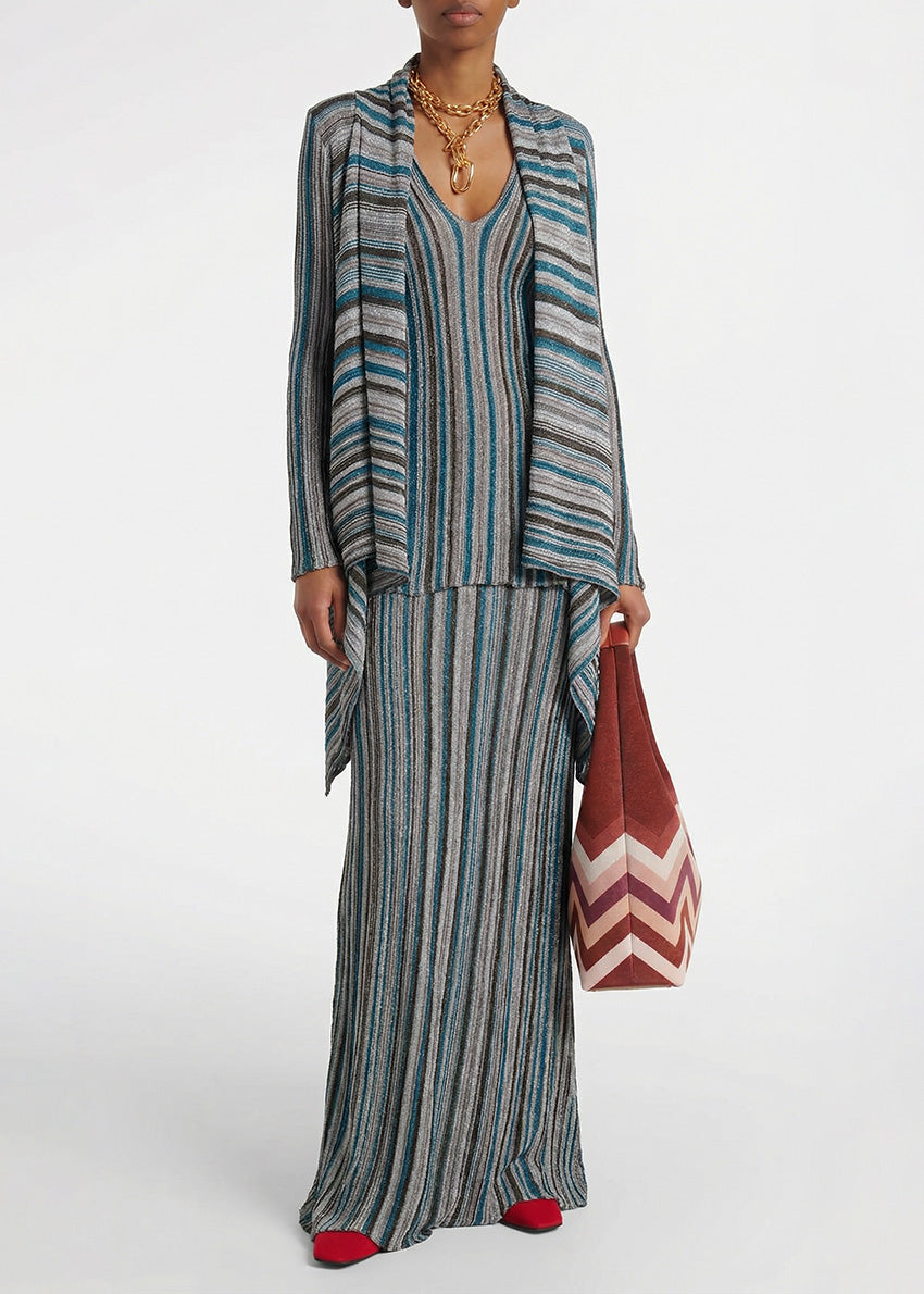 Knit teal top crafted from shimmering lurex viscose yarn. Featuring a deep V-neckline, it’s designed with a signature tricolor stripe pattern.