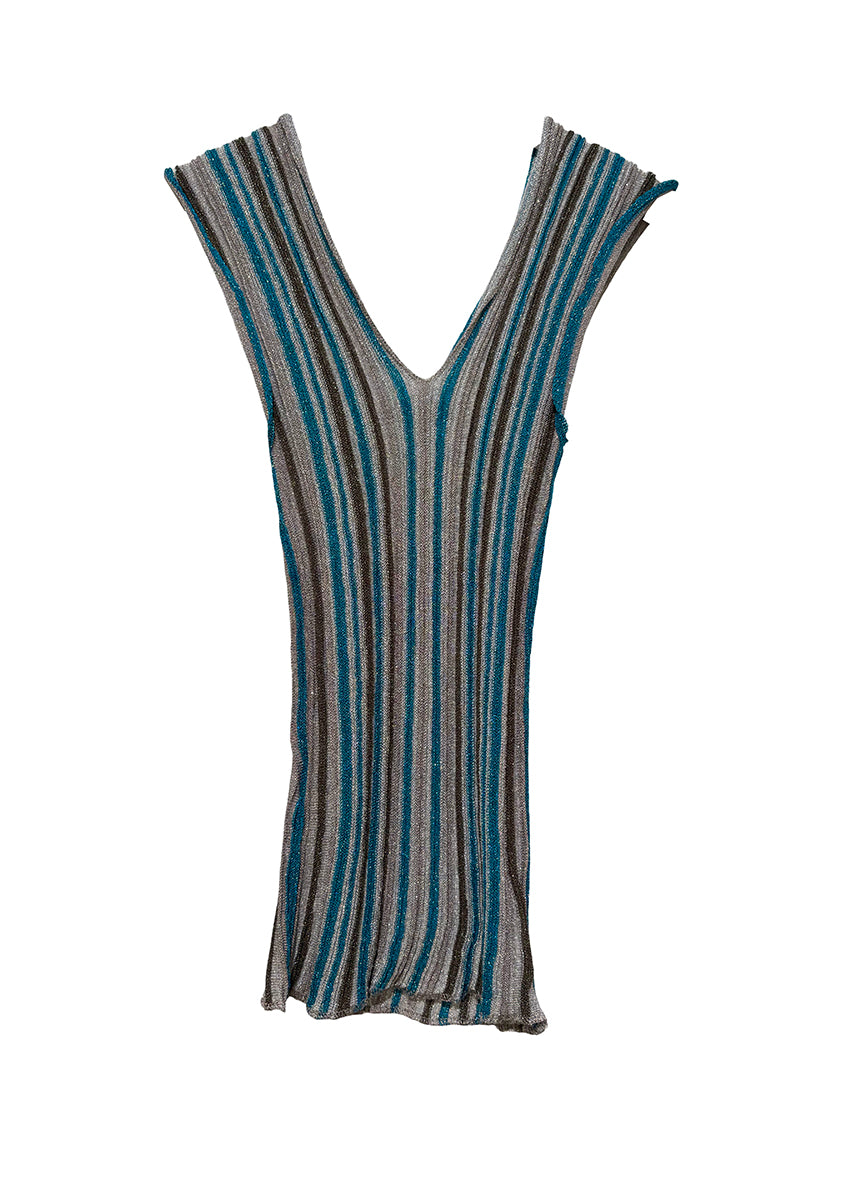 Knit teal top crafted from shimmering lurex viscose yarn. Featuring a deep V-neckline, it’s designed with a signature tricolor stripe pattern.