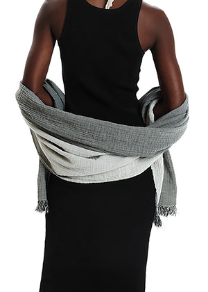 Person wearing a gray scarf with a white background