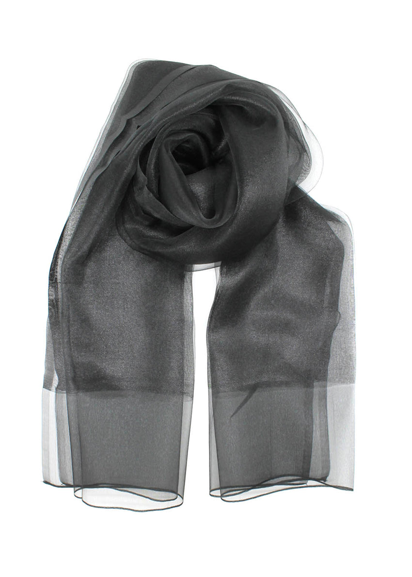 This elegant black scarf features vibrant colors and a delicate sheer finish. The lightweight, airy fabric drapes beautifully, making it a versatile accessory for both casual and formal occasions.
