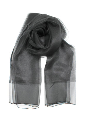 This elegant black scarf features vibrant colors and a delicate sheer finish. The lightweight, airy fabric drapes beautifully, making it a versatile accessory for both casual and formal occasions.