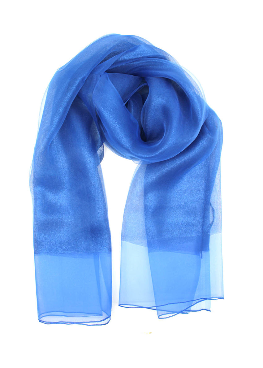 This elegant blue scarf features vibrant colors and a delicate sheer finish. The lightweight, airy fabric drapes beautifully, making it a versatile accessory for both casual and formal occasions.
