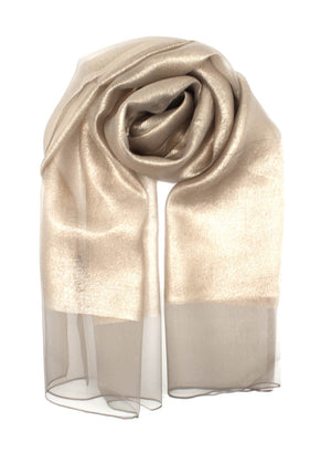 This elegant gold scarf features vibrant colors and a delicate sheer finish. The lightweight, airy fabric drapes beautifully, making it a versatile accessory for both casual and formal occasions.