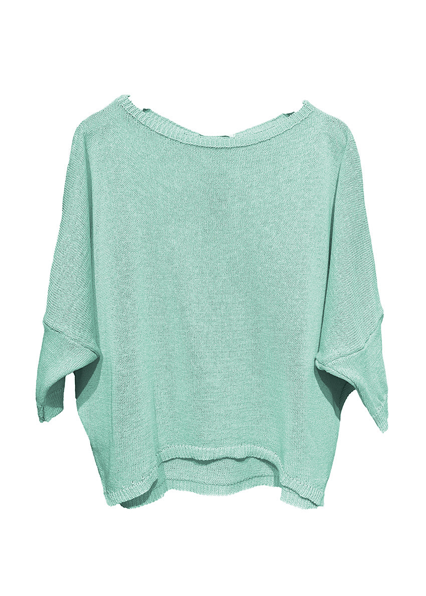 Blue crop top - sweater that makes you feel like a teenager! Featuring a wide boat neckline. Its cropped cut and 3/4 sleeves