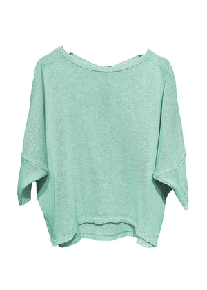 Blue crop top - sweater that makes you feel like a teenager! Featuring a wide boat neckline. Its cropped cut and 3/4 sleeves