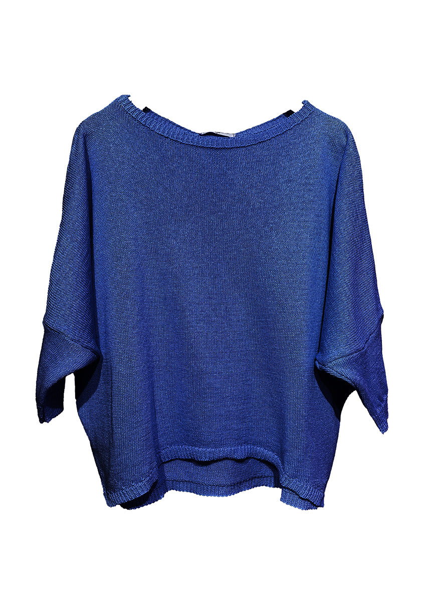 Blue crop top - sweater that makes you feel like a teenager! Featuring a wide boat neckline. Its cropped cut and 3/4 sleeves