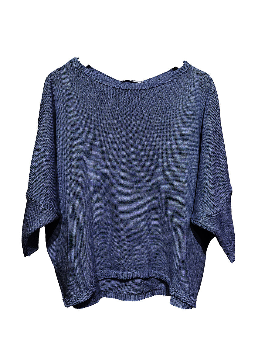 Blue crop top - sweater that makes you feel like a teenager! Featuring a wide boat neckline. Its cropped cut and 3/4 sleeves