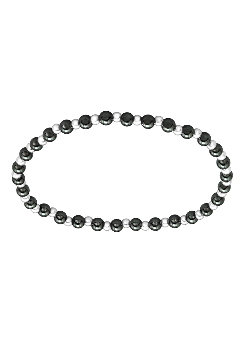 Embrace minimalist elegance with this Hematite and Silver Beaded Bracelet. Featuring alternating polished hematite and silver beads, this bracelet offers a balanced contrast between the deep metallic hues of hematite and the bright shine of silver