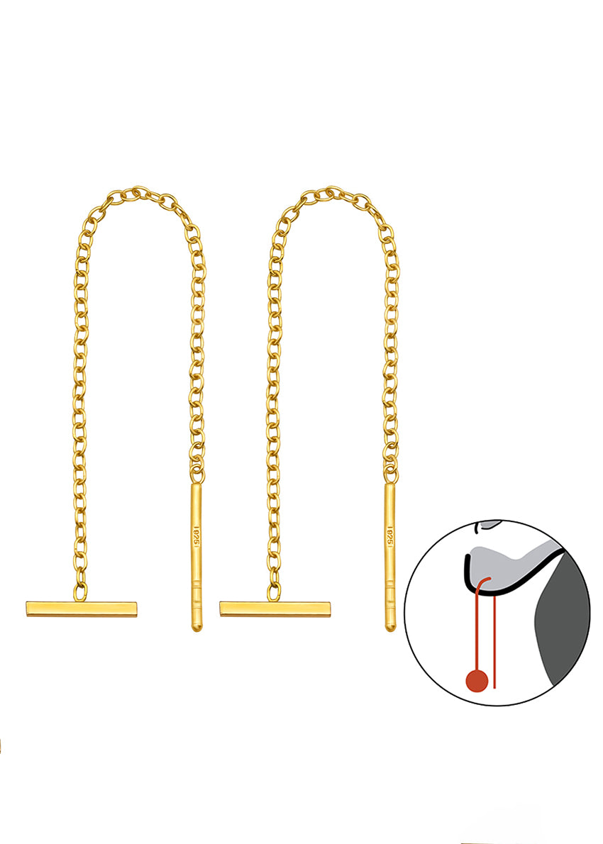 A pair of elegant gold-plated bar earrings that thread through the earlobe, with a smaller image showing the detailed threading mechanism.
