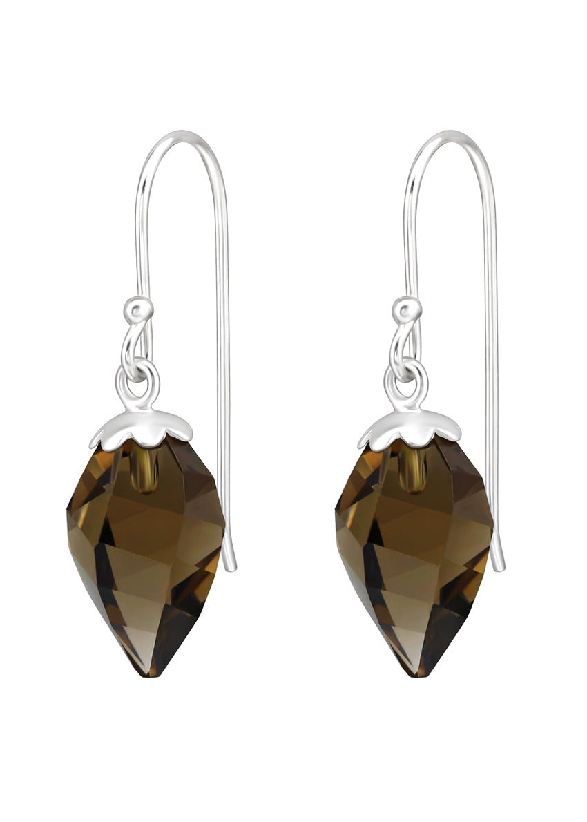 A pair of silver teardrop earrings with genuine European crystal, suspended from silver hooks.
