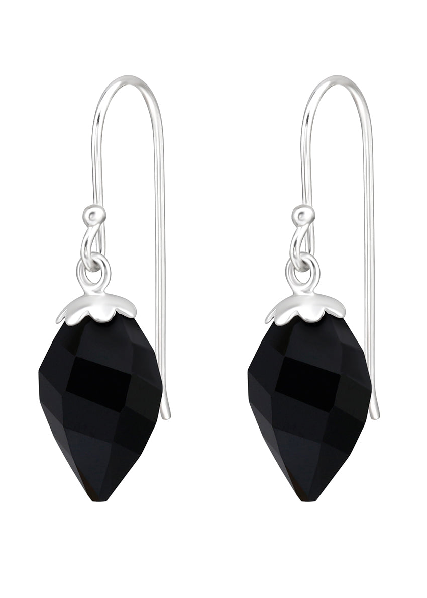 A pair of silver teardrop earrings with genuine European crystal, suspended from silver hooks.