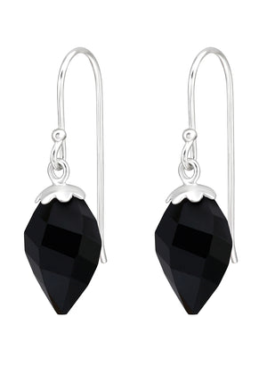A pair of silver teardrop earrings with genuine European crystal, suspended from silver hooks.