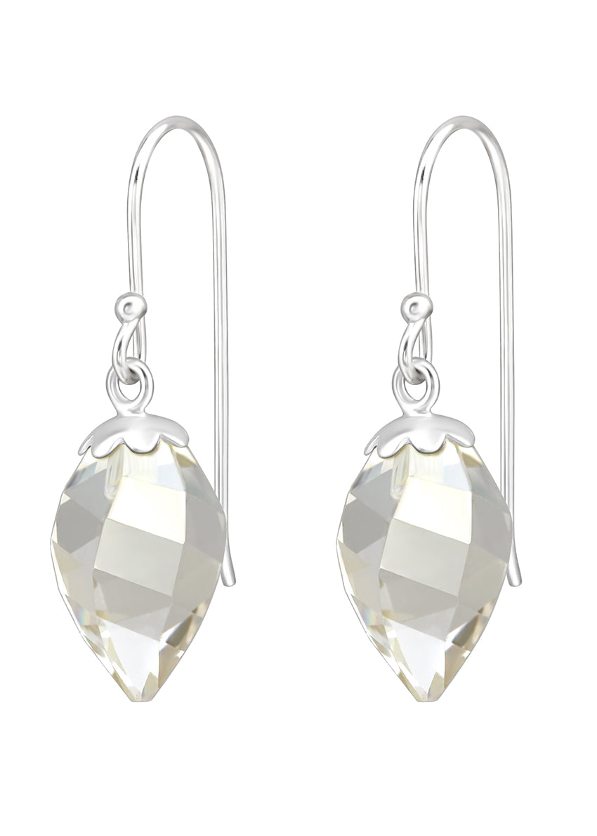 A pair of silver teardrop earrings with genuine European crystal, suspended from silver hooks.
