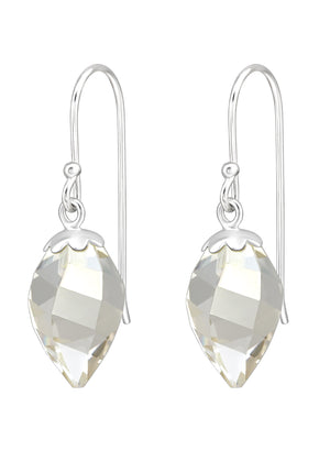 A pair of silver teardrop earrings with genuine European crystal, suspended from silver hooks.