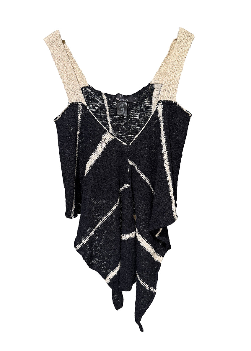 Black and beige sleeveless top with draped design on a white background
