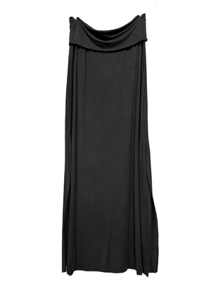 Black dress with draped neckline on a white background