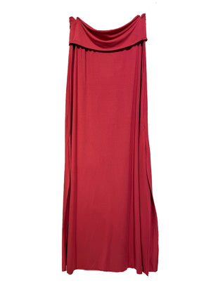Red dress with a draped neckline on a white background