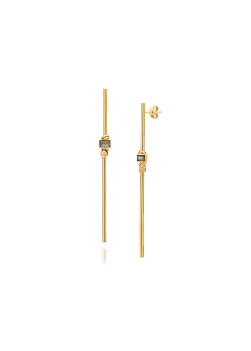 Gold earring worn by a person with light skin and brown hair.