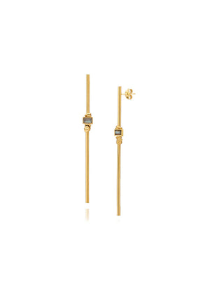 Gold earrings with small gemstones on a white background