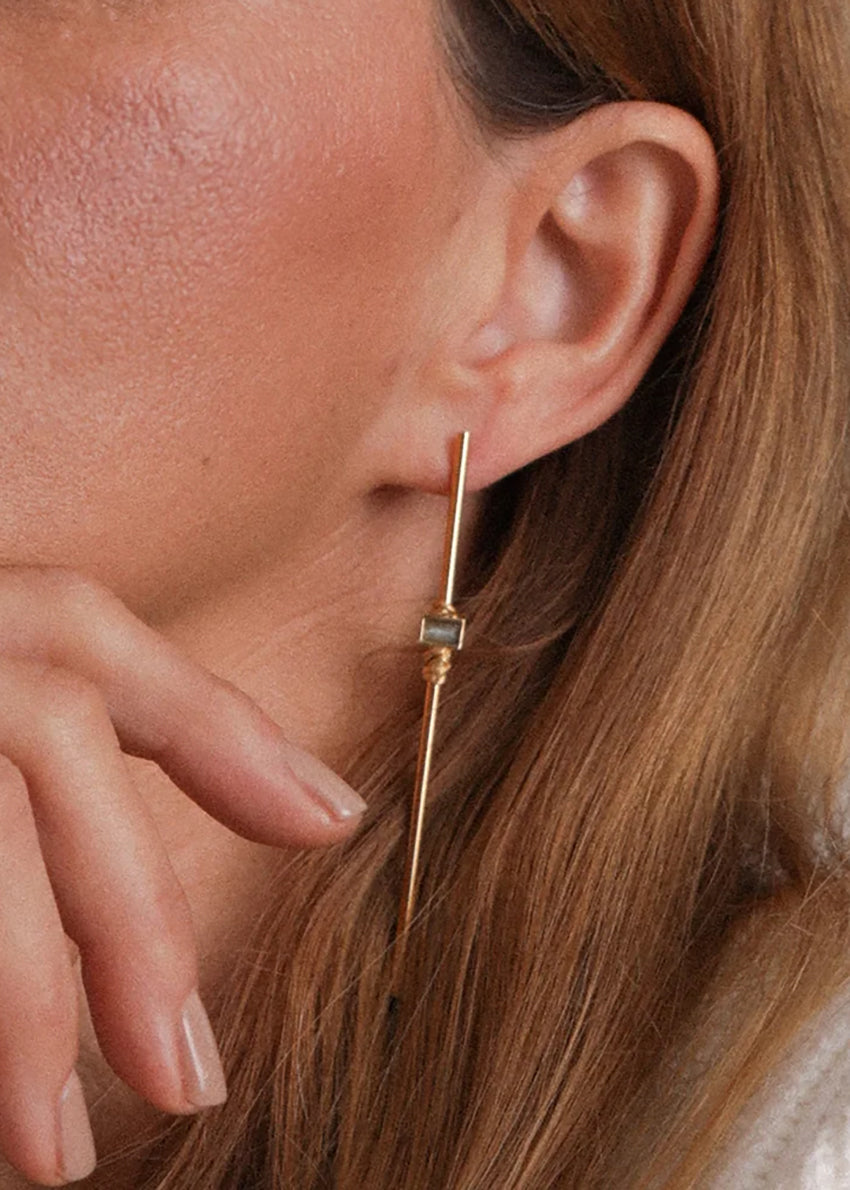 Gold earring worn by a person with light skin and brown hair.