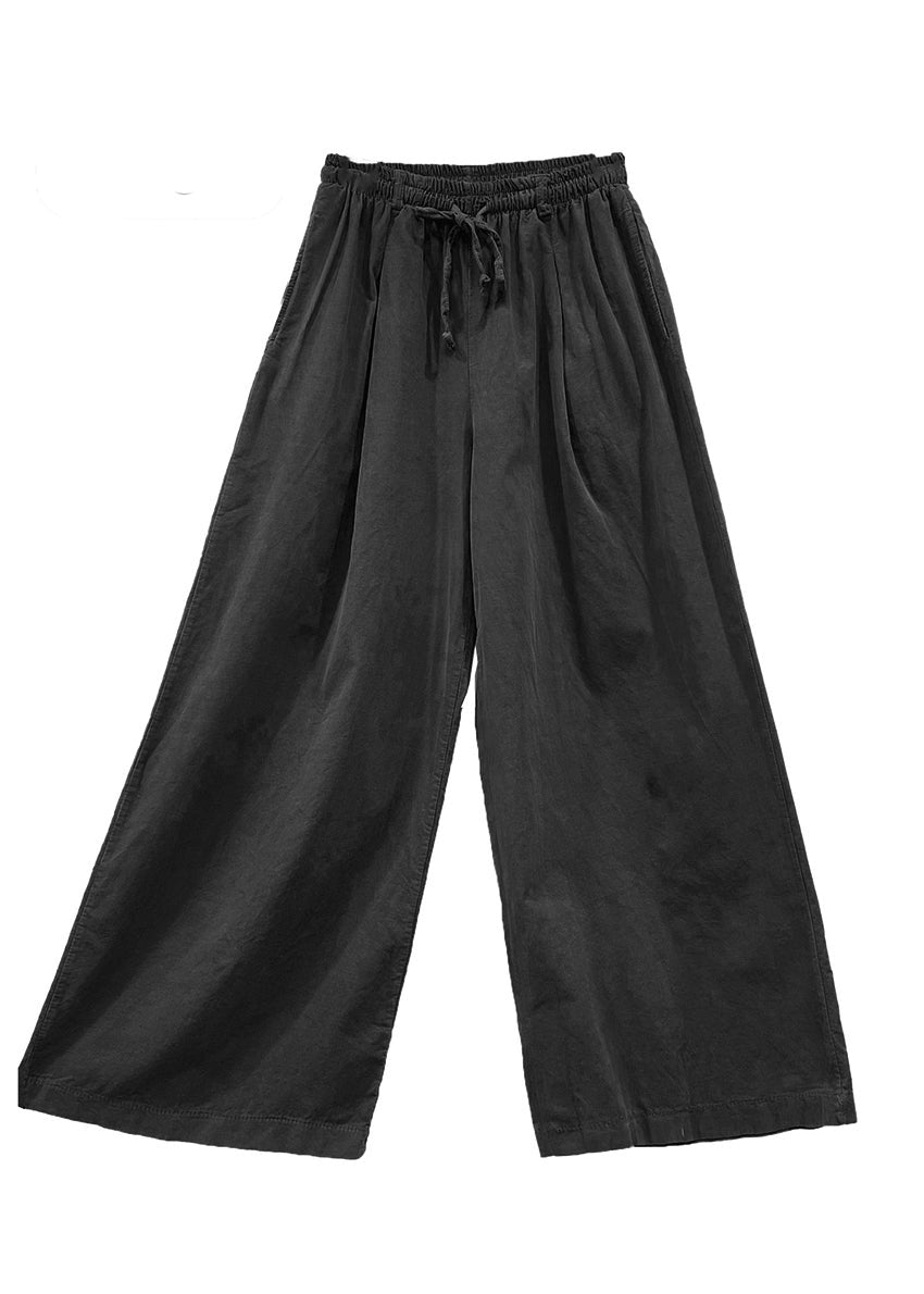 Black wide-leg pants with drawstring waist on a white background