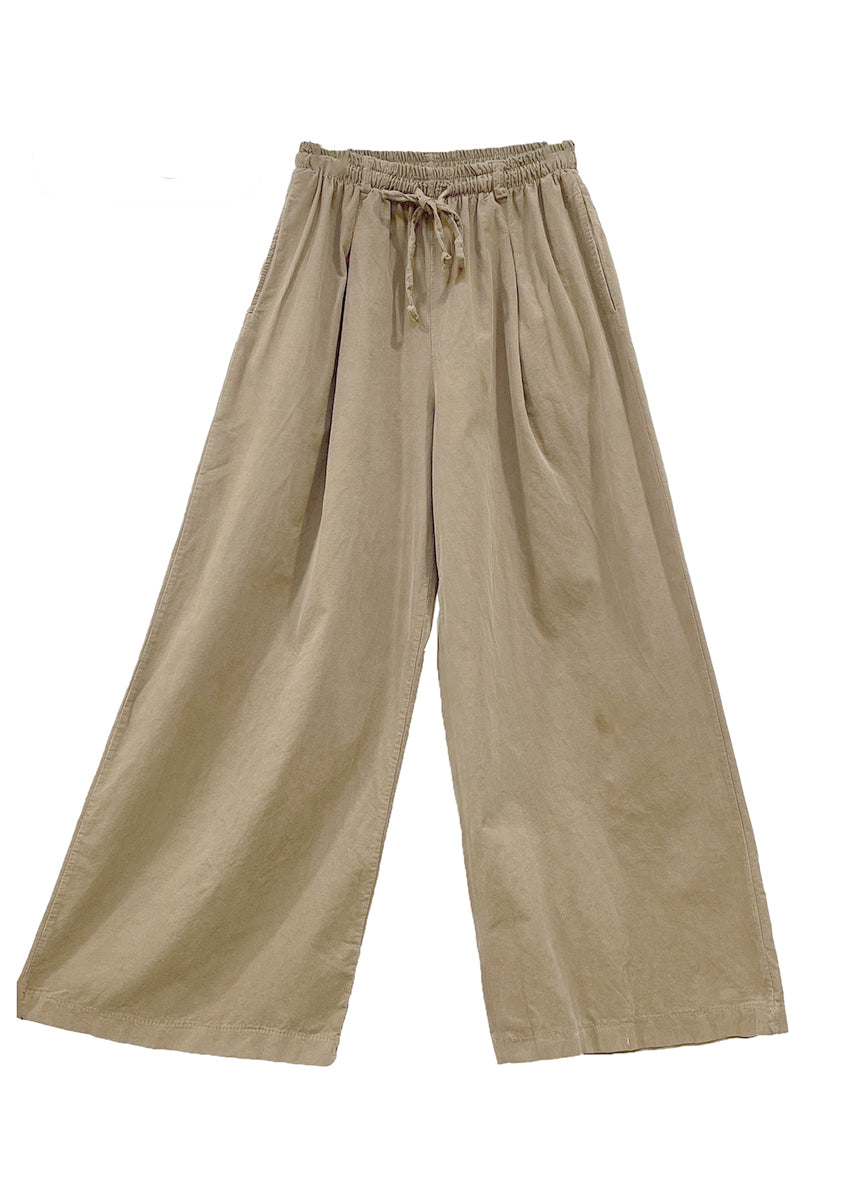 Beige wide-leg pants with drawstring waist on a white background