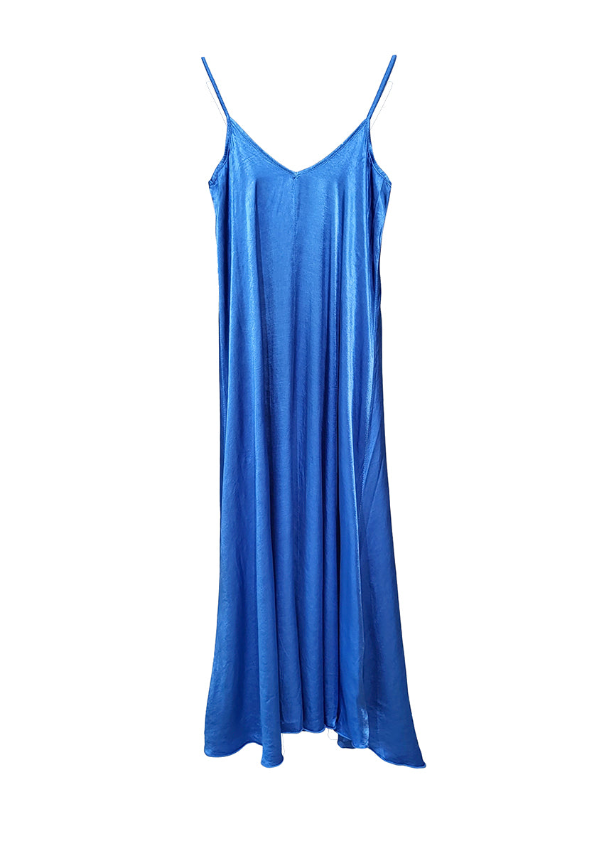 Blue silk long dress on a white background 