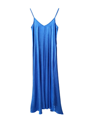 Blue silk long dress on a white background 