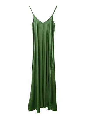 Dark olive green silk long dress on a white background 