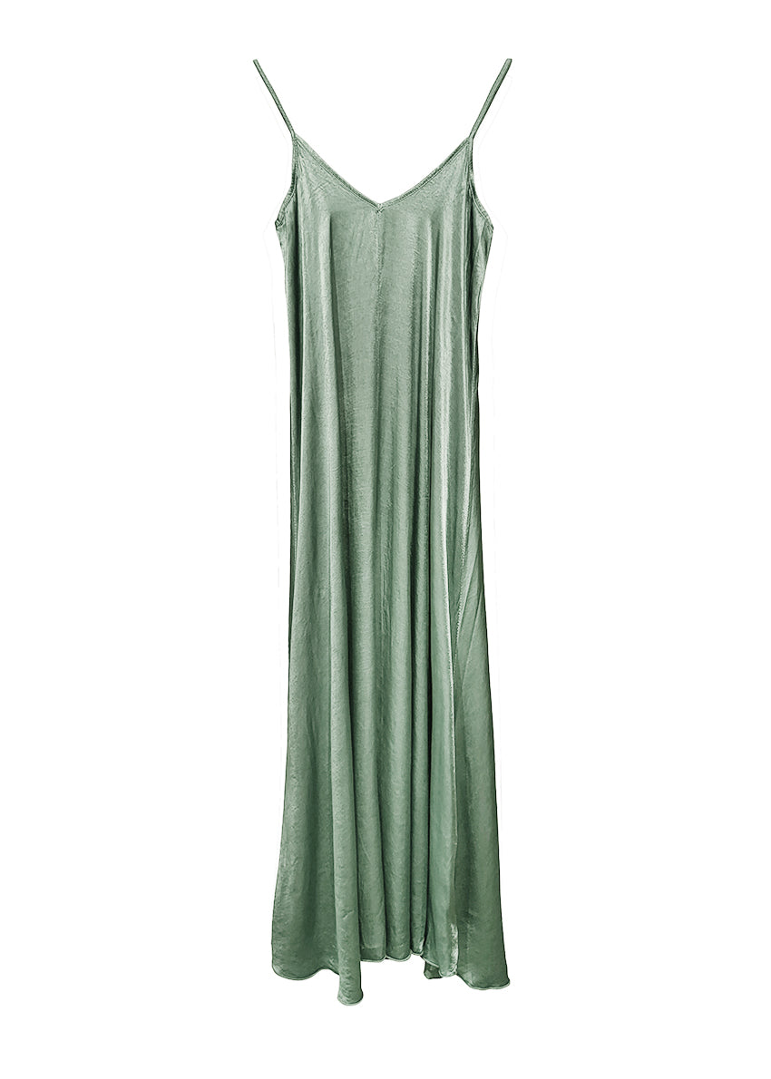 Dark sea green silk long dress on a white background 