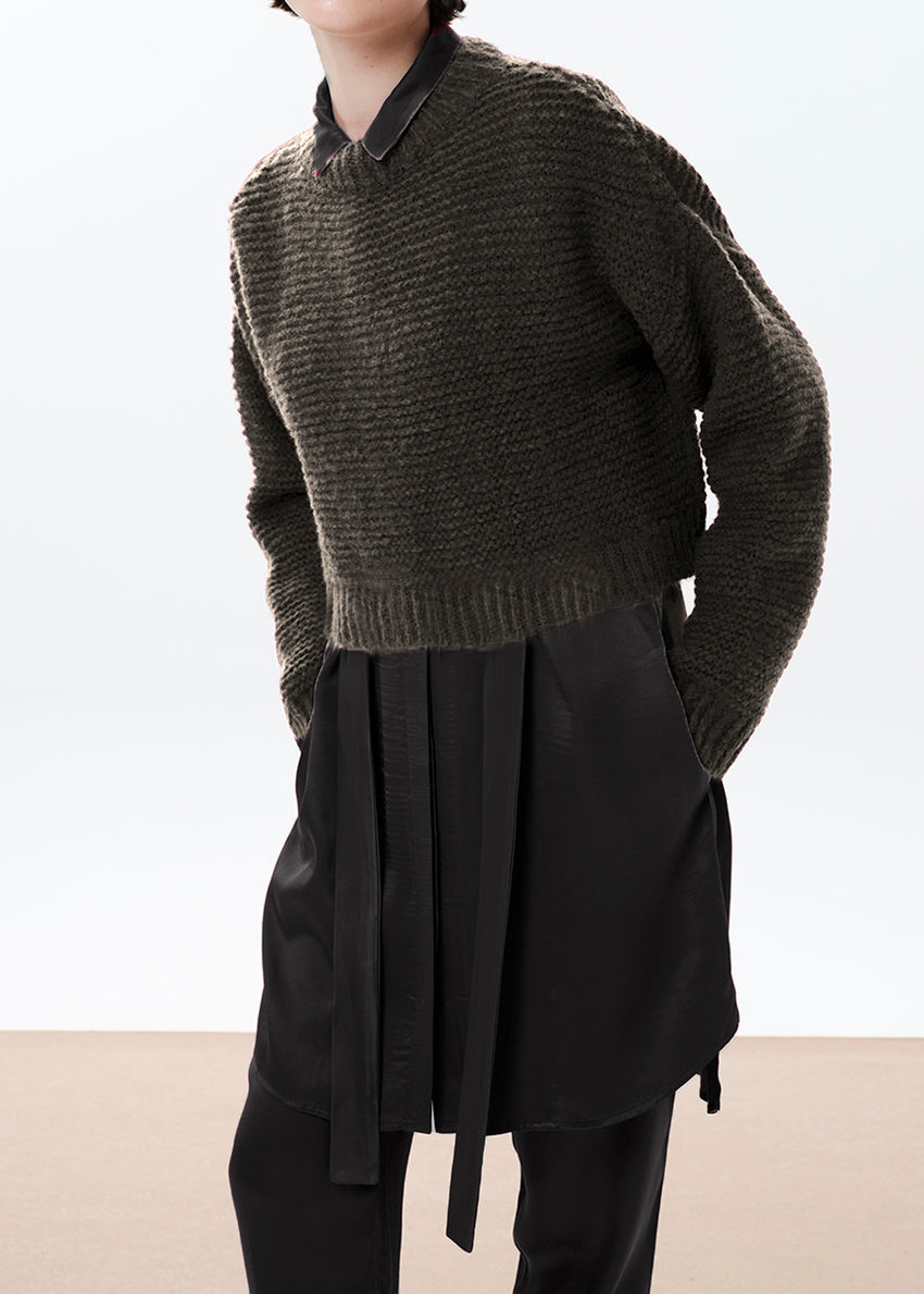 A Dimgray brownish fine wool sweater with long sleeves and a crew neck.